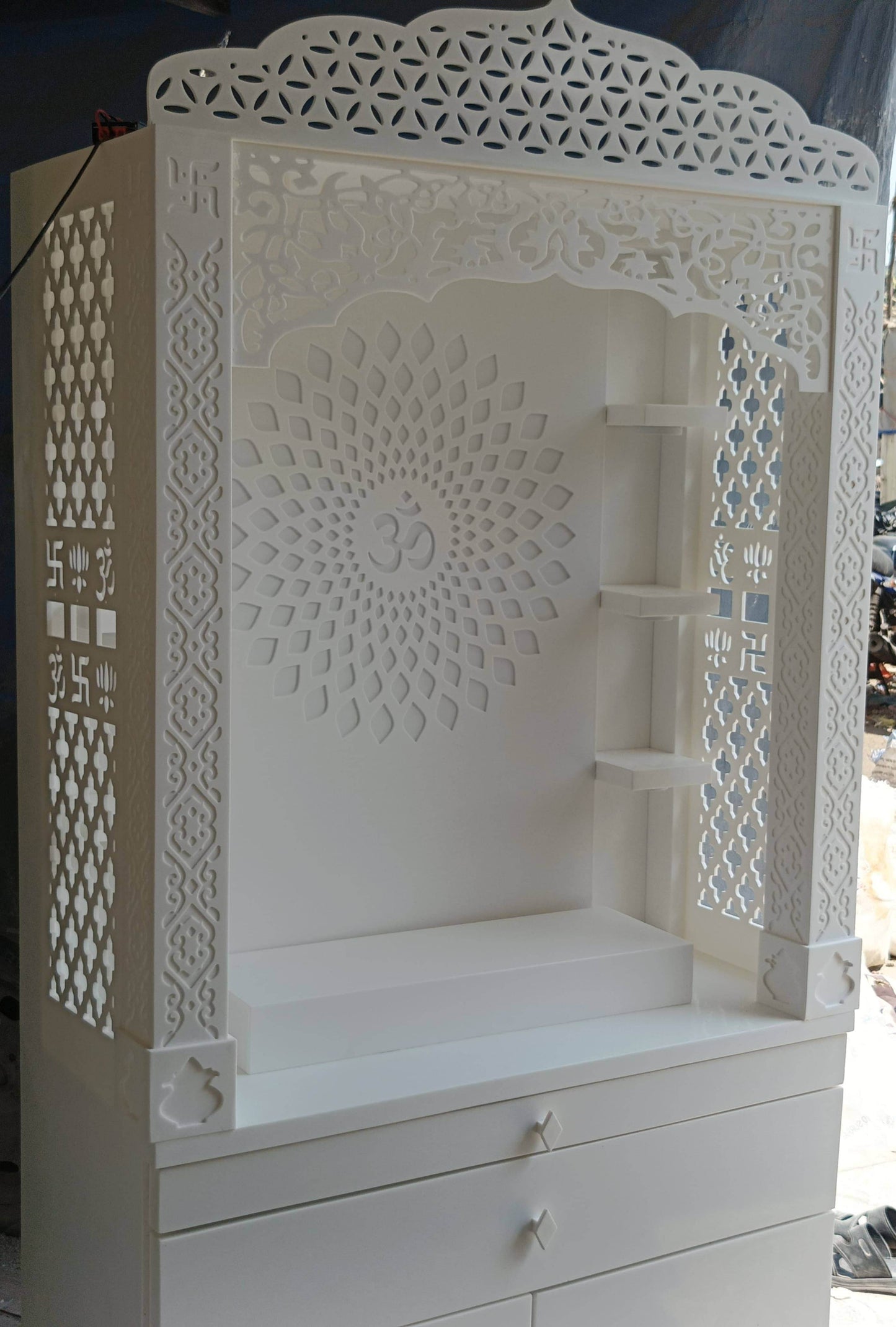 Corian Temple design with Om and storage 5.5ft x 3ft x 1.2ft - Home temple