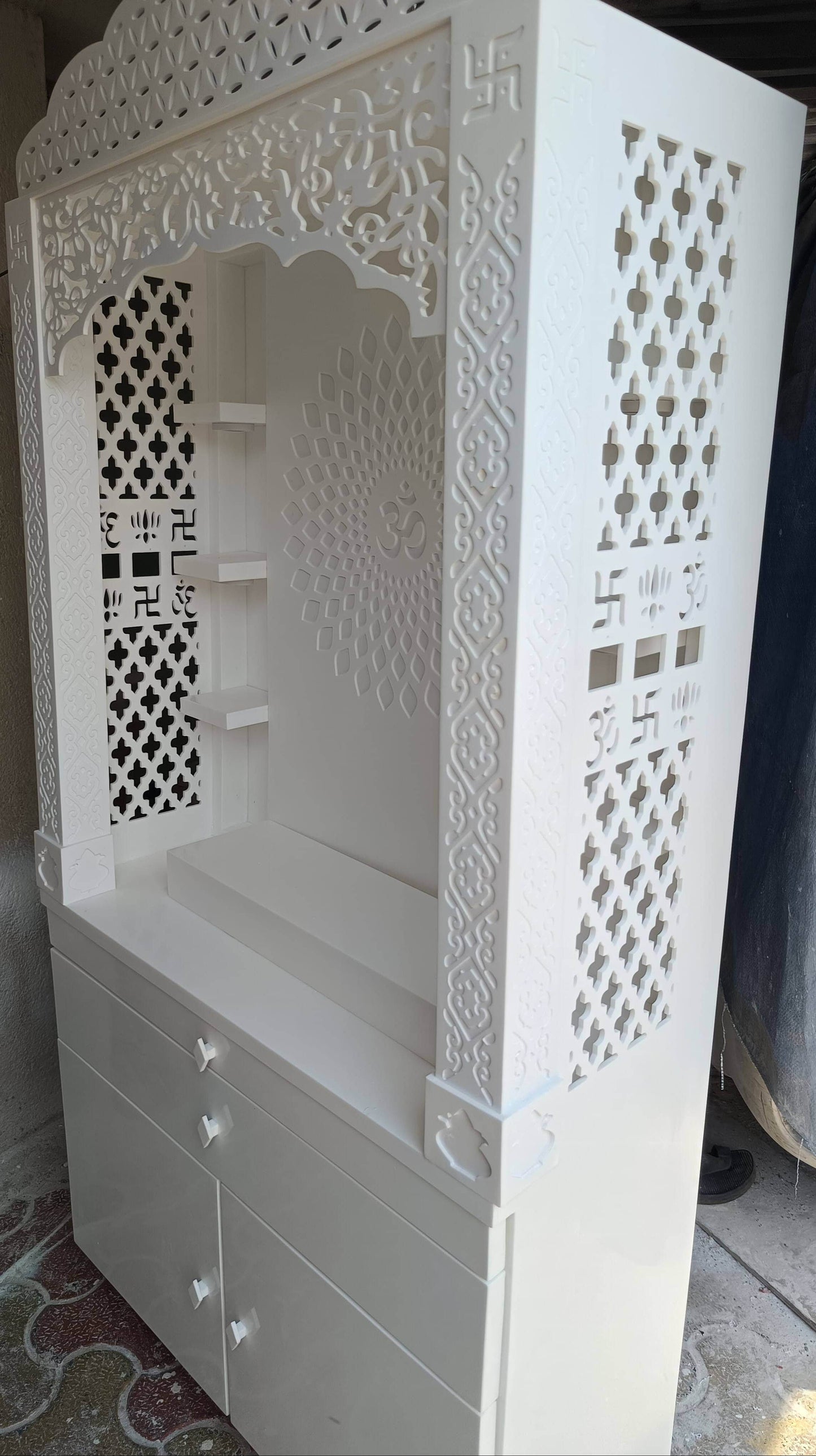 Corian Temple design with Om and storage 5.5ft x 3ft x 1.2ft - Home temple