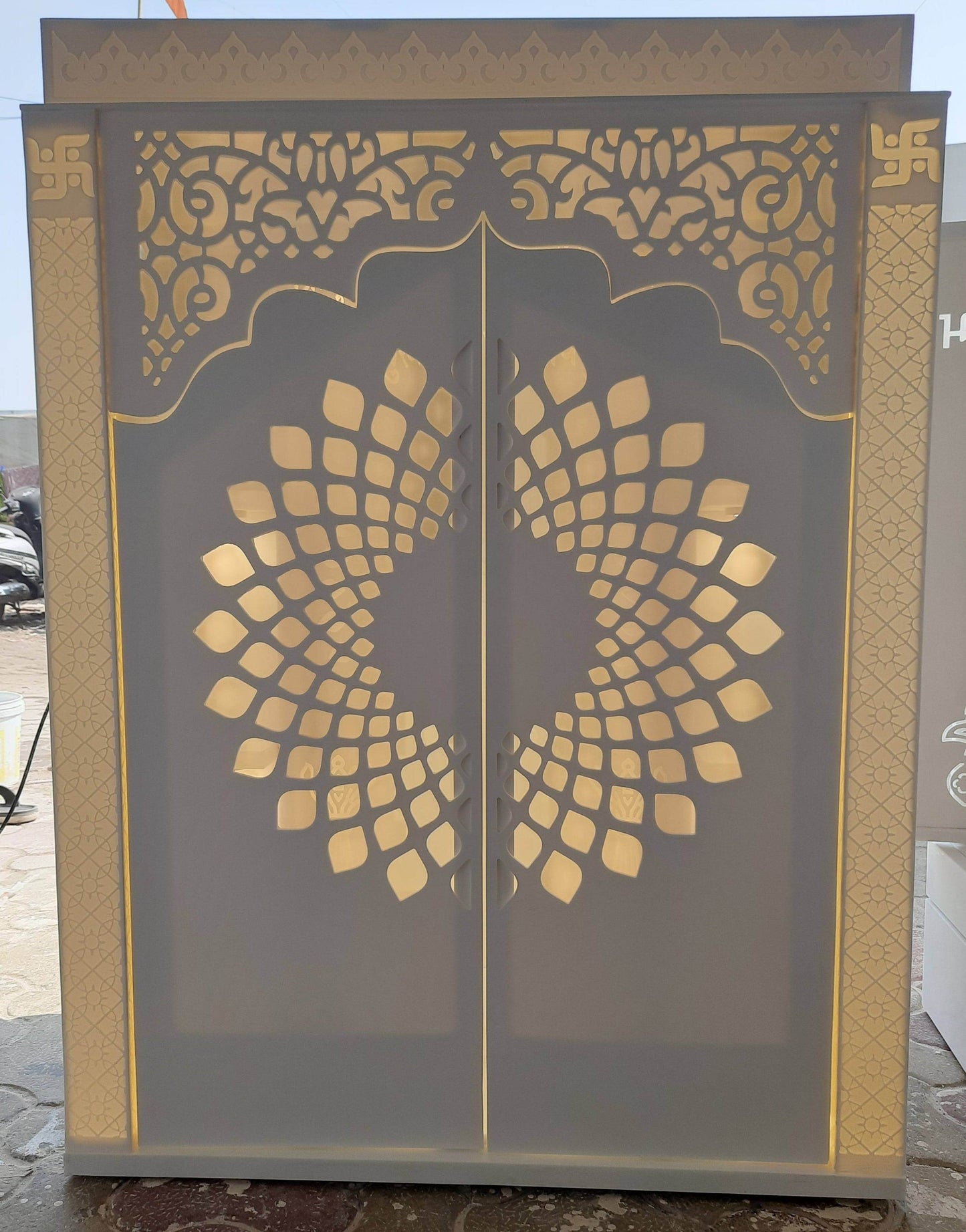 Corian Mandir with doors and ganesha side jhaali - Home temple