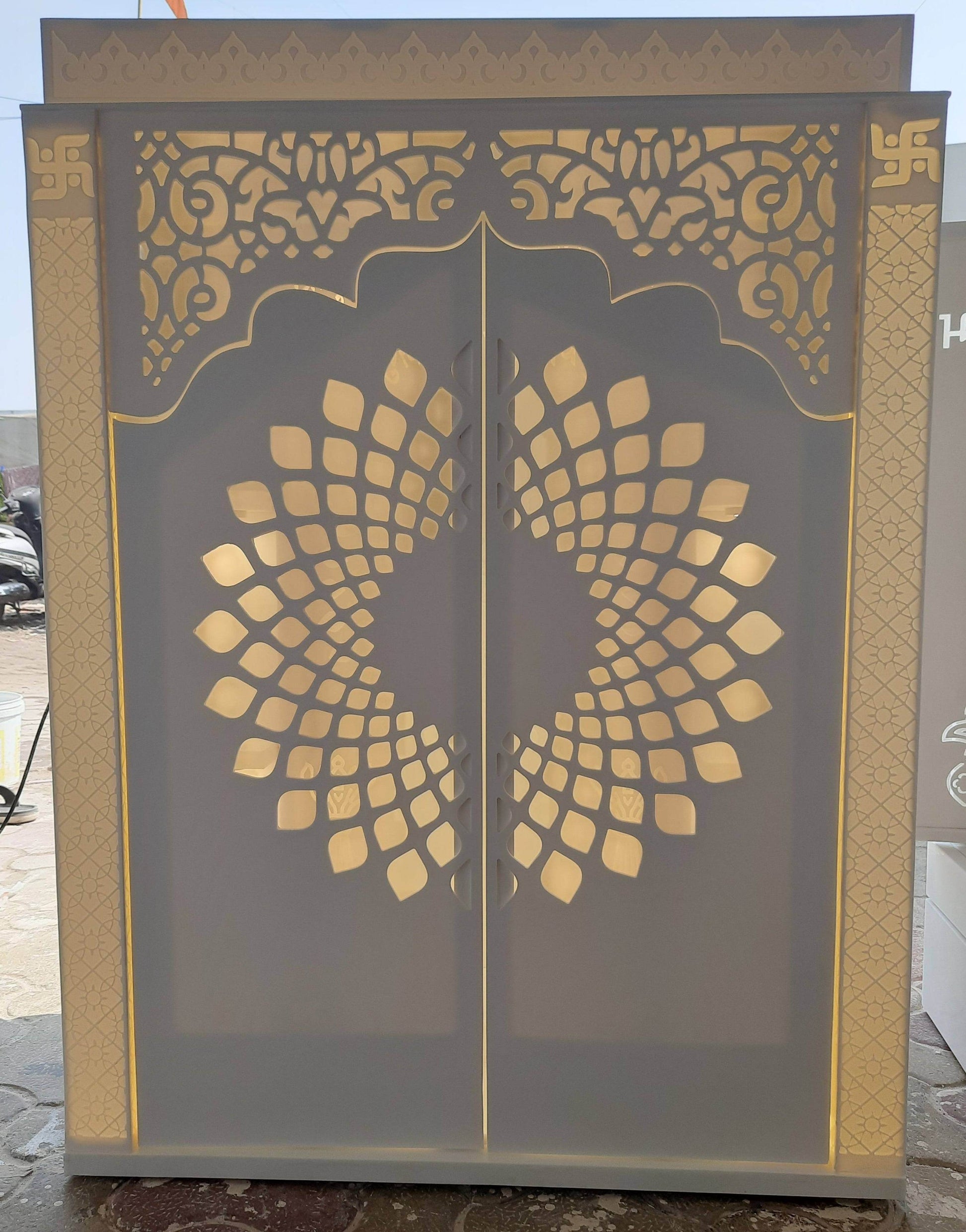 Corian Mandir with doors and ganesha side jhaali - Home temple