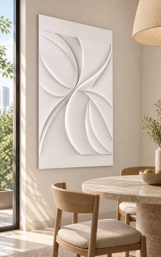 Counterturning Petal Fans satin white Corian wall panel, left view in a warm ivory Mumbai dining nook with a travertine table.