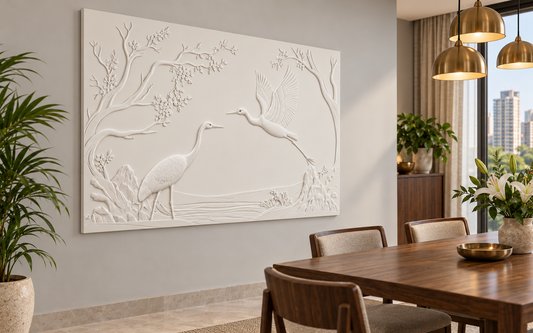 CWP-646 Crane Blossom Waters Corian Wall Panel, 4 ft wide x 2.5 ft high, left view in a Mumbai dining room; AI-assisted concept visualisation
