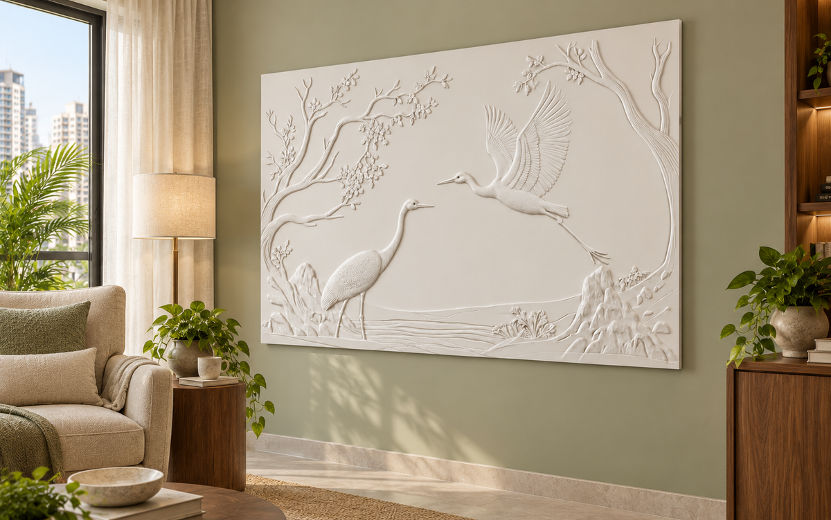 CWP-646 Crane Blossom Waters Corian Wall Panel, 4 ft wide x 2.5 ft high, right view in a Mumbai reading lounge; AI-assisted concept visualisation