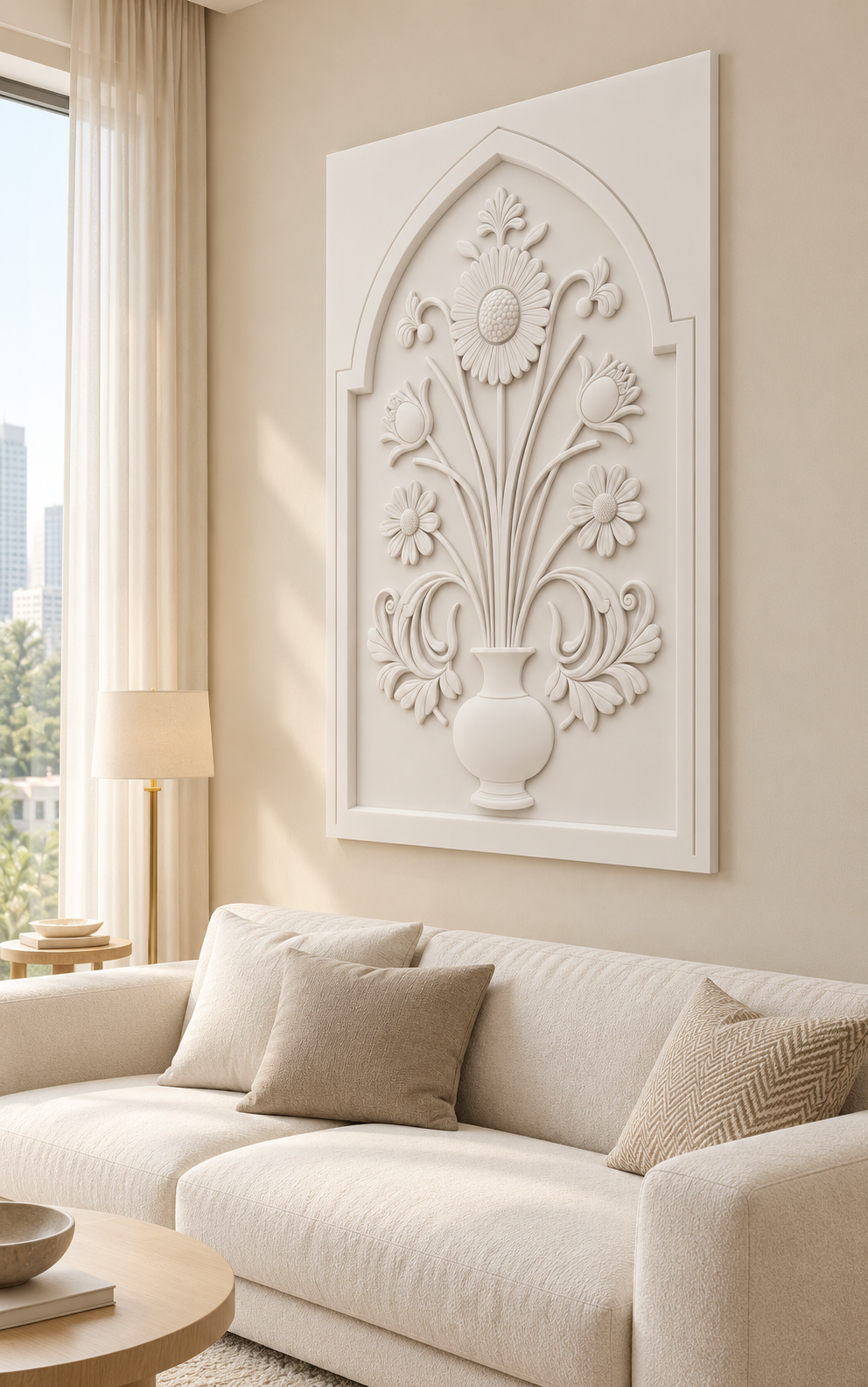 Crested Daisy Bud Vase Corian wall panel, right view in a Mumbai living room with a low ivory sofa, pale oak side table and soft window light; AI-assisted concept visualisation