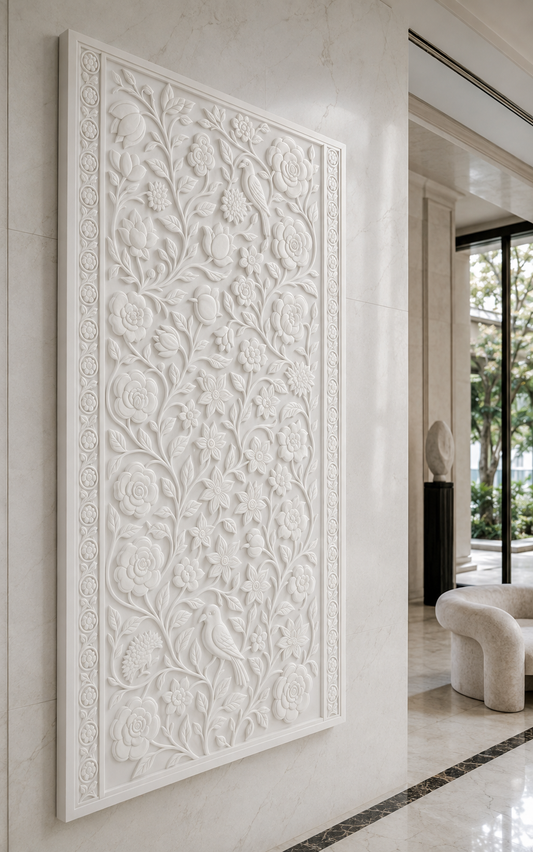 Garden Bird Tapestry satin white Corian wall panel, left view in the Malabar Hill entrance gallery