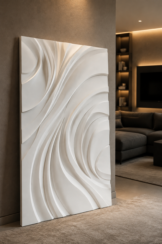 Nested Arc Surge satin white Corian wall panel, left view in a Bandra media room