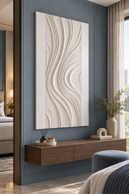 Strata Sway Channels Corian wall panel, left view in a Mumbai bedroom alcove