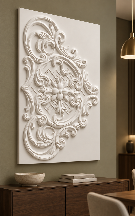 Acanthus Lattice Crest satin white Corian wall panel, left view in a muted olive Mumbai dining alcove with a walnut sideboard.