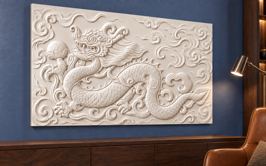 Coiling Dragon Flourish Corian wall panel, 4 x 2.5 ft, left view in a Bandra study lounge