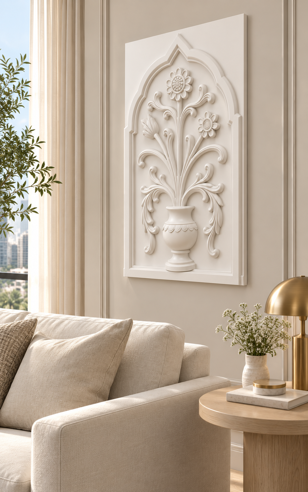 Loop Bloom Scalloped Urn Corian wall panel, right view in a Mumbai living room with a low ivory sofa, pale oak side table and soft window light; AI-assisted concept visualisation