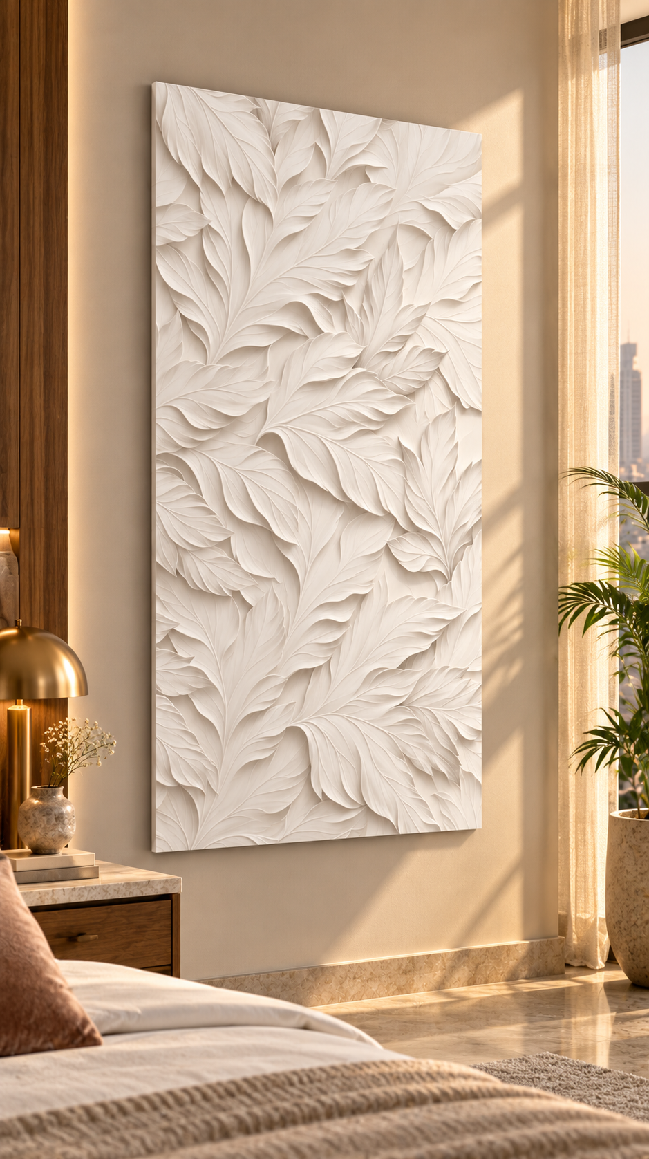 Right angle: layered botanical leaves, soft organic relief in a satin white Corian wall panel.