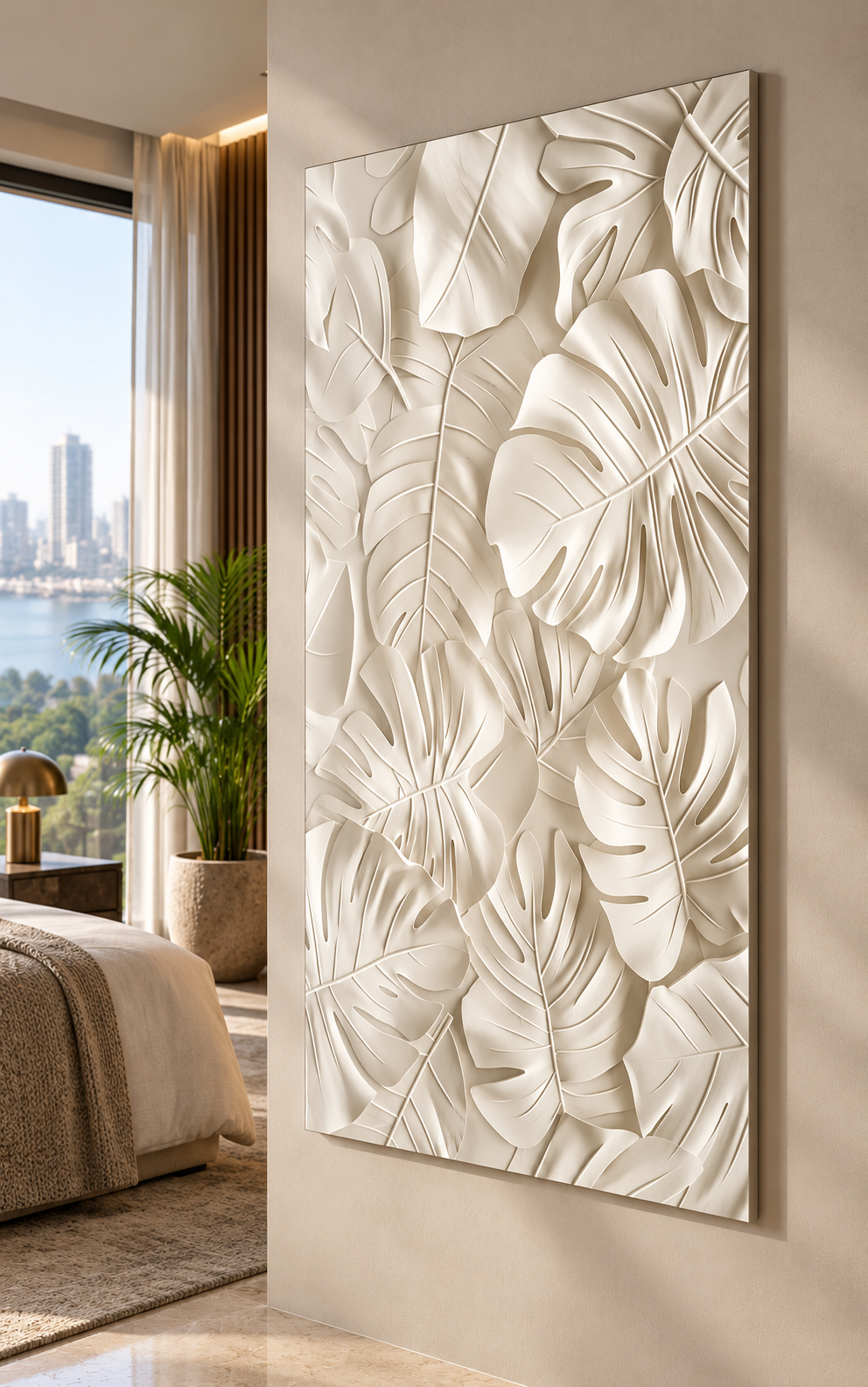 Right angle: large tropical split leaves, sculptural botanical relief in a satin white Corian wall panel.