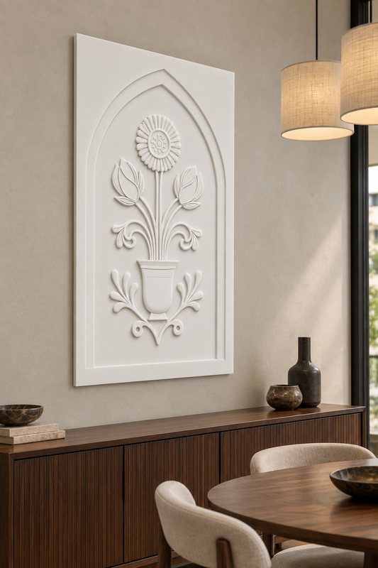 Daisy Bud Cup Emblem Corian wall panel, left view in a Mumbai dining nook with a dark walnut sideboard, oval table and linen pendants; AI-assisted concept visualisation