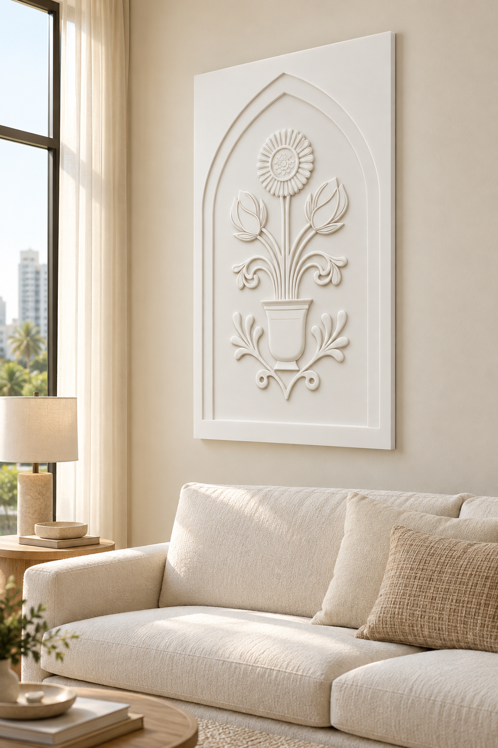 Daisy Bud Cup Emblem Corian wall panel, right view in a Mumbai living room with a low ivory sofa, pale oak side table and soft window light; AI-assisted concept visualisation
