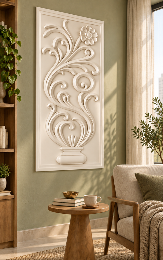 Daisy Scroll Pedestal Corian wall panel, left view in a Mumbai living room reading corner; AI-assisted concept visualisation