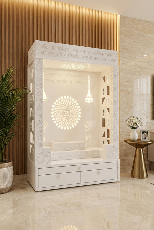Designer Corian Mandir — Statement Pooja Centrepiece — Luxury Home Interior — Satguru Creations