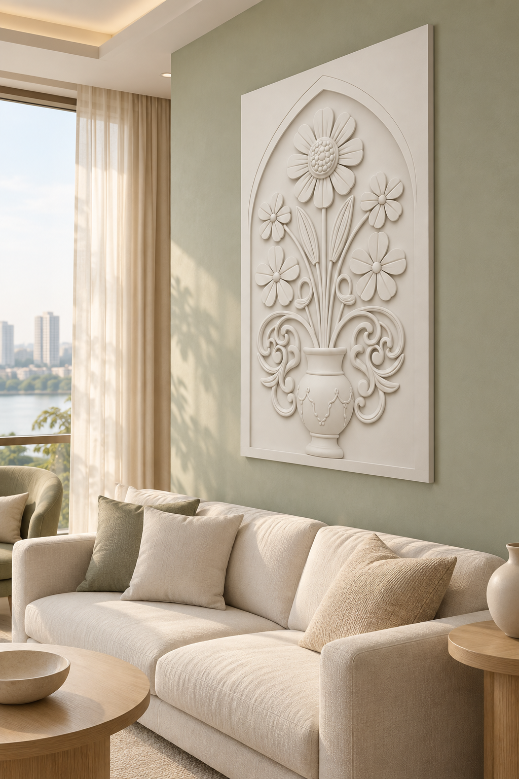 Five Bloom Swag Urn Corian wall panel, right view in a Mumbai living room with a low ivory sofa, pale oak side table and soft window light; AI-assisted concept visualisation