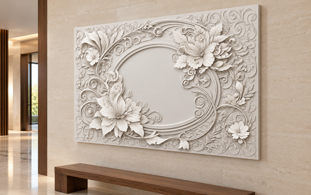 Floral Scroll Frame Corian Wall Panel CWP-618, right view in a Mumbai home setting; AI-assisted concept