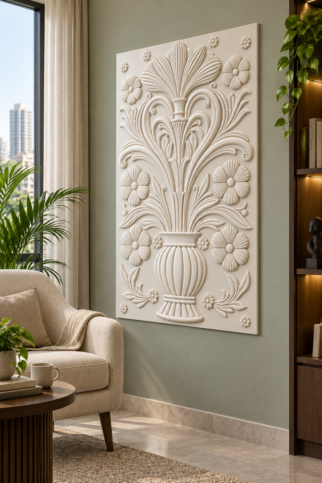 CWP-652 Fluted Urn Floral Crest Corian Wall Panel, 2.5 ft wide x 4 ft high, right view in a Mumbai reading room; AI-assisted concept visualisation
