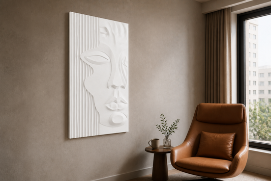 Fluted Visage white Corian wall panel, left angle view in a Mumbai home interior visualisation