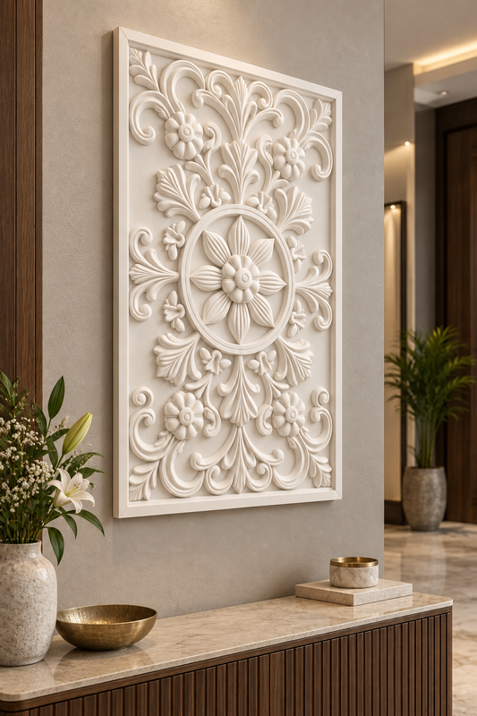 Four Blossom Star Medallion Corian wall panel, left view on an entrance console wall in a Mumbai home; AI-assisted concept visualisation