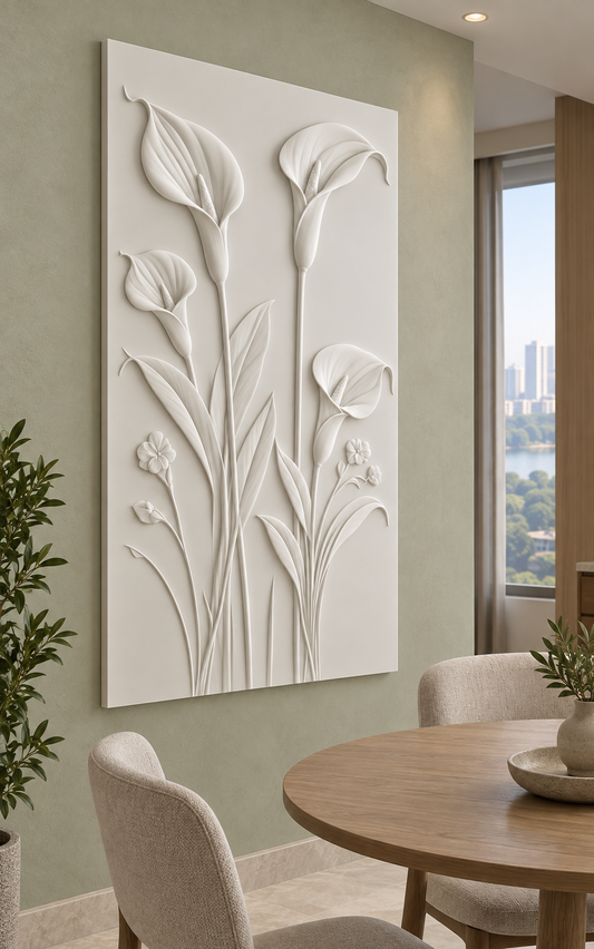 Four Calla Stems Corian wall panel, left view in a Powai apartment dining alcove