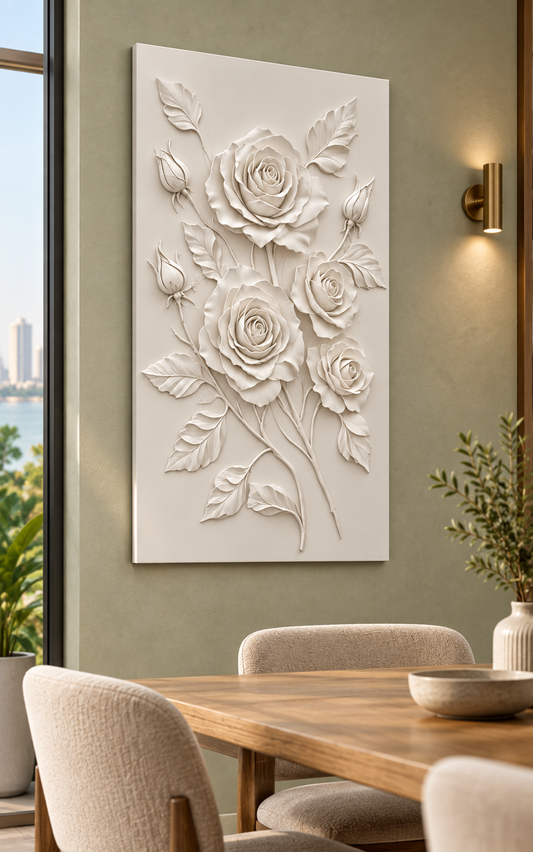 Four Rose Branch Cascade Corian wall panel, left view in a Powai apartment dining nook, showing four roses in shallow satin white relief