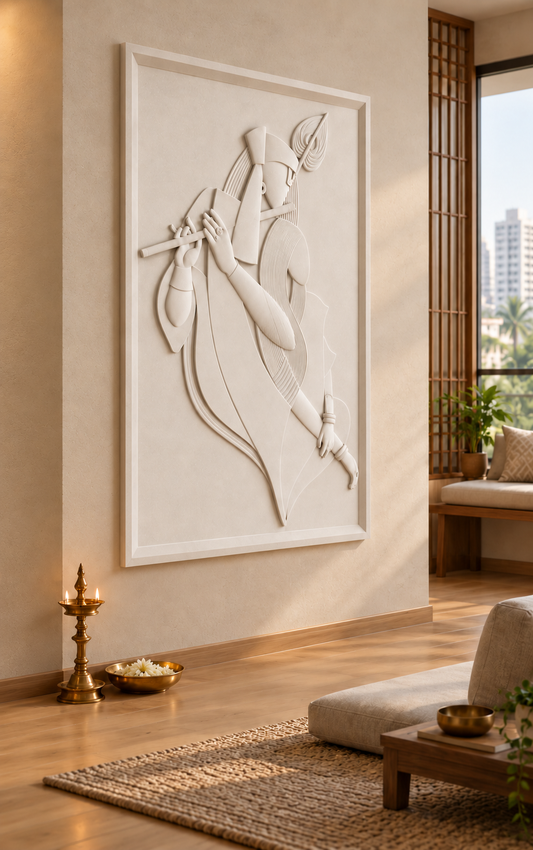 CWP-645 Linear Flute Duet Corian Wall Panel, 2.5 ft wide x 4 ft high, left view in a Mumbai meditation space; AI-assisted concept visualisation
