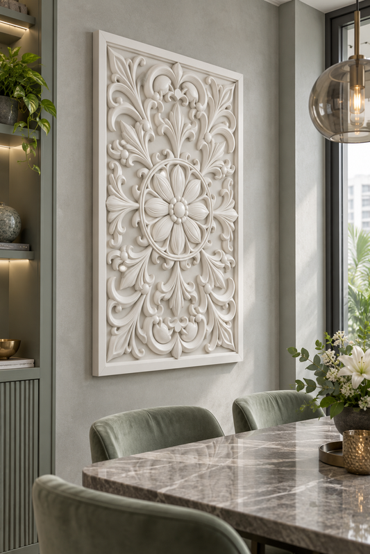 Linked Petal Leaf Roundel Corian wall panel, left view on a dining room alcove in a Mumbai home; AI-assisted concept visualisation