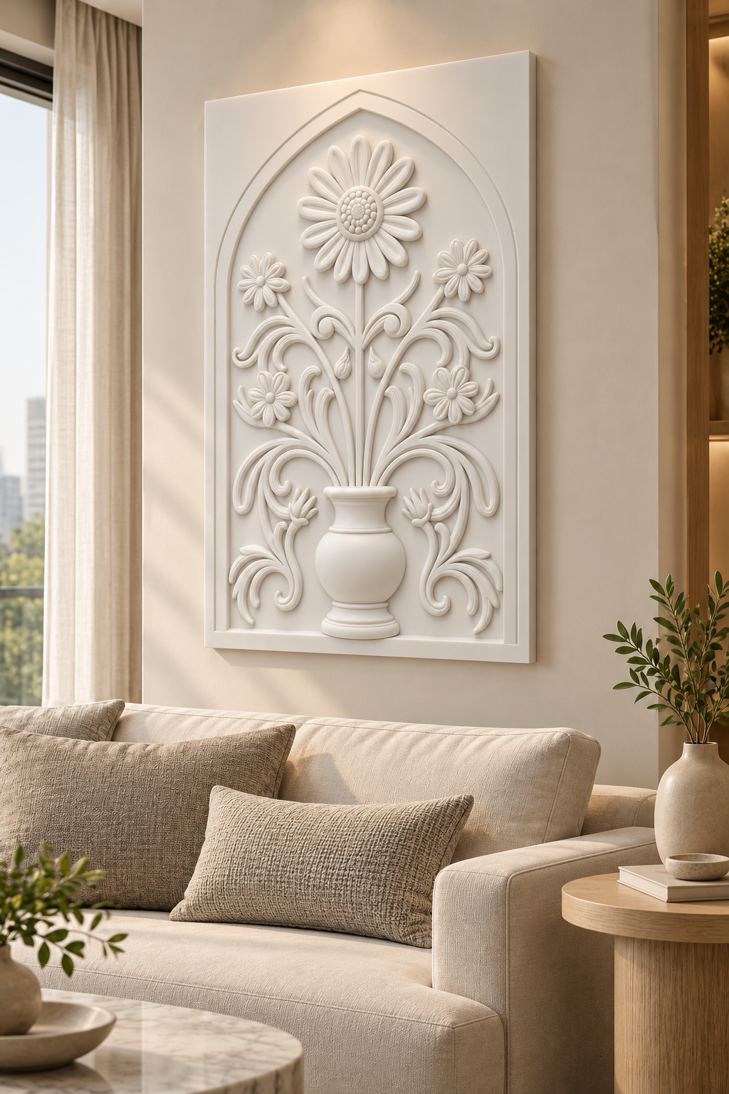 Loop Petal Daisy Scroll Urn Corian wall panel, right view in a Mumbai living room with a low ivory sofa, pale oak side table and soft window light; AI-assisted concept visualisation