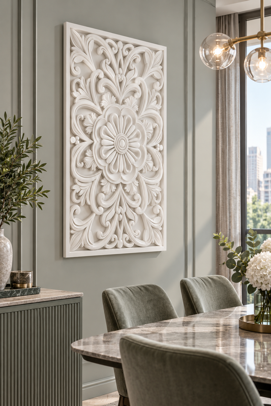 Looped Daisy Scallop Corian wall panel, left view on a dining room alcove in a Mumbai home; AI-assisted concept visualisation
