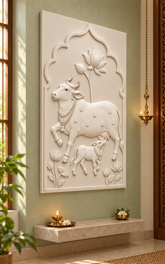 Lotus Arch Cow and Calf Corian wall panel, 2.5 x 4 ft, left view in a prayer room
