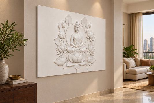 CWP-658 Lotus Circle Buddha Corian Wall Panel, 4 ft wide x 2.5 ft high, left view in a Mumbai living room niche; AI-assisted concept visualisation