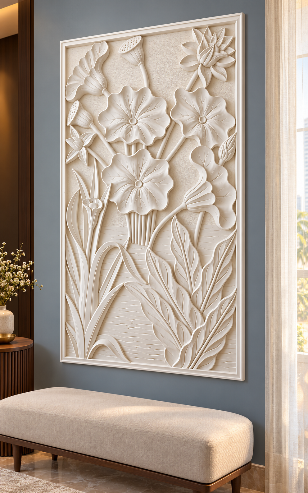 Right-angle view of the white Lotus Seedpod Garden Corian Wall Panel in a Mumbai blue-grey bedroom sitting nook