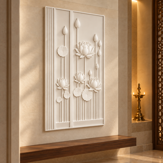 Lotus Stem Screenwork Corian wall panel, 2.5 x 4 ft, left view in pooja approach alcove, 12–24 mm total depth