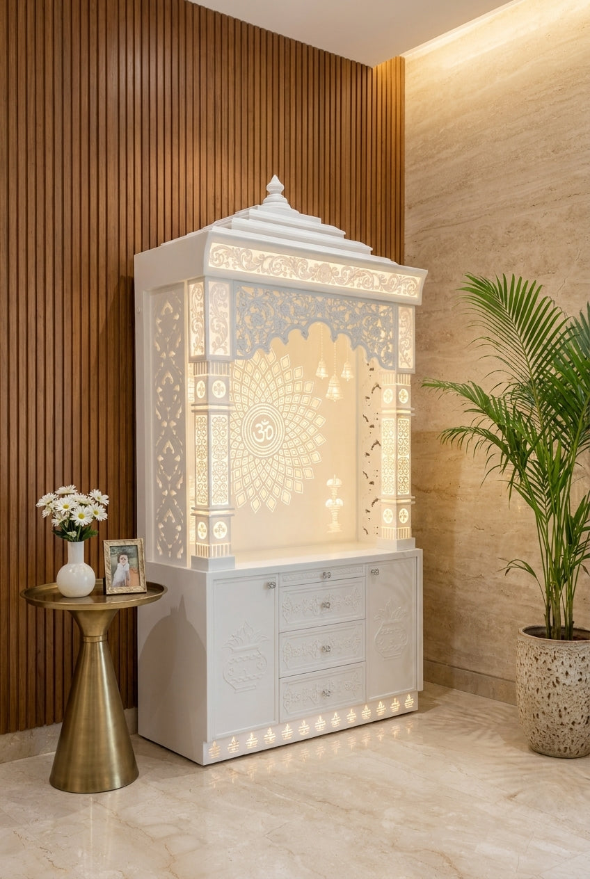 White Corian home temple with illuminated pillars, Om mandala and storage