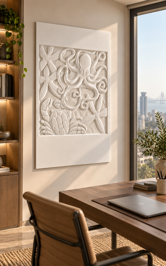 Marine Tide Relief Corian wall panel, left view in a Worli apartment home office; satin white relief concept.
