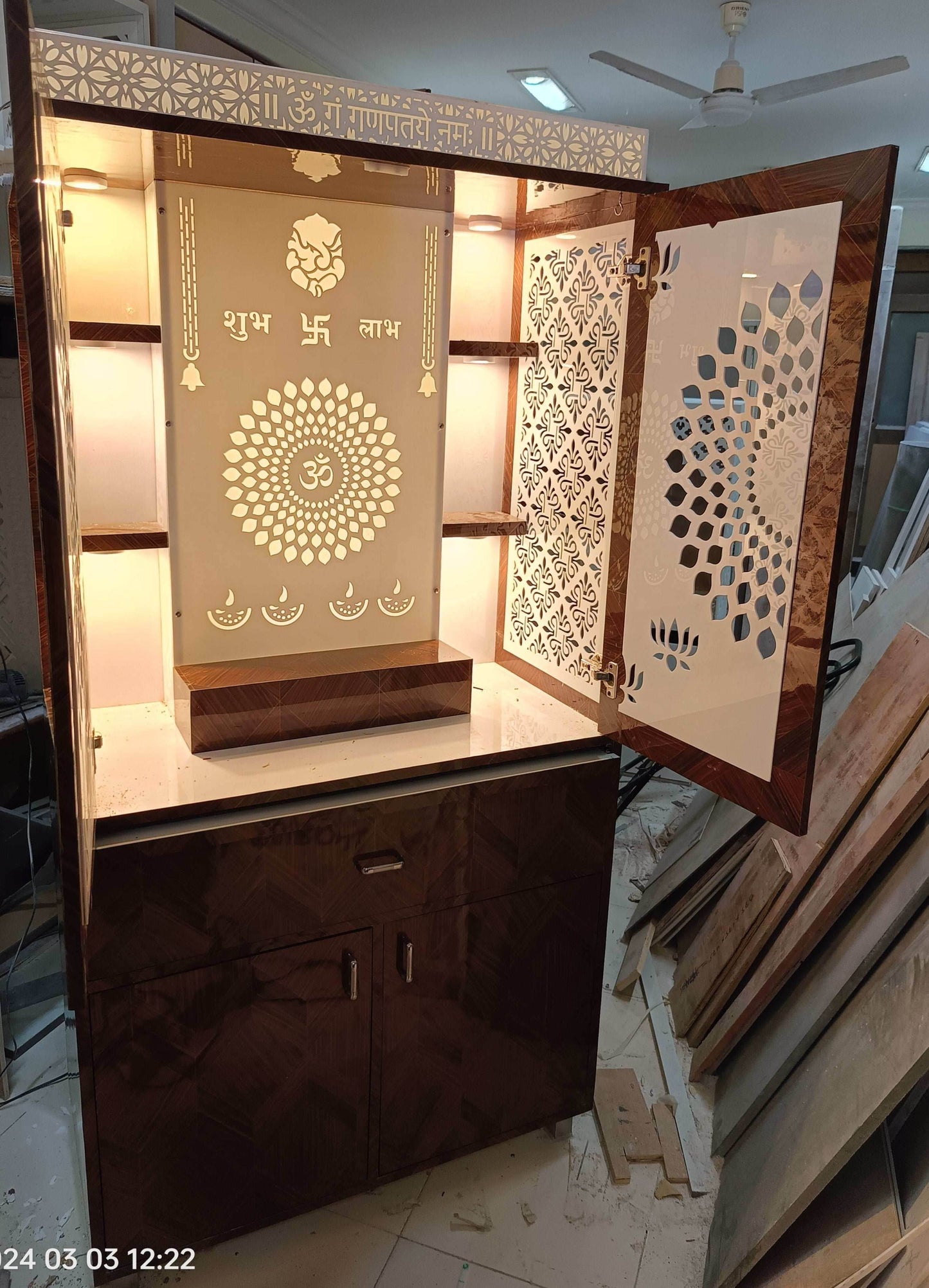 Acrylic Home Temple with doors and floating shelves - Home temple