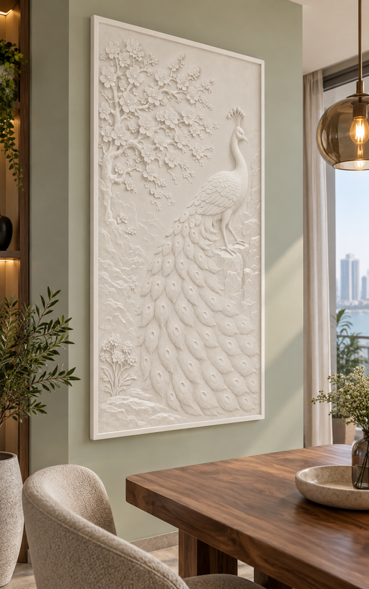 Peacock Blossom Canopy Corian Wall Panel, left view in a Worli dining nook, showing the complete shallow relief.