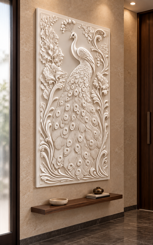 Peacock Feather Flourish Corian wall panel, 2.5 x 4 ft, left view in entrance foyer, 12-24 mm total depth