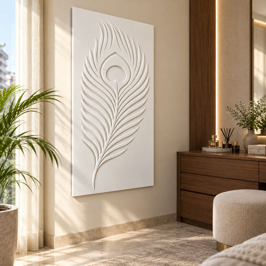 Peacock Quill Sweep Corian wall panel, left view in a Mumbai bedroom dressing area; AI-assisted concept visualisation