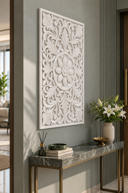 Petal Chamber Roundel Corian wall panel, left view on an entrance console wall in a Mumbai home; AI-assisted concept visualisation