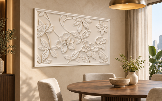 Petal Vine Stepped Frame Corian wall panel, left view in a Chembur dining room, horizontal 4 ft by 2.5 ft with no added plain border strips