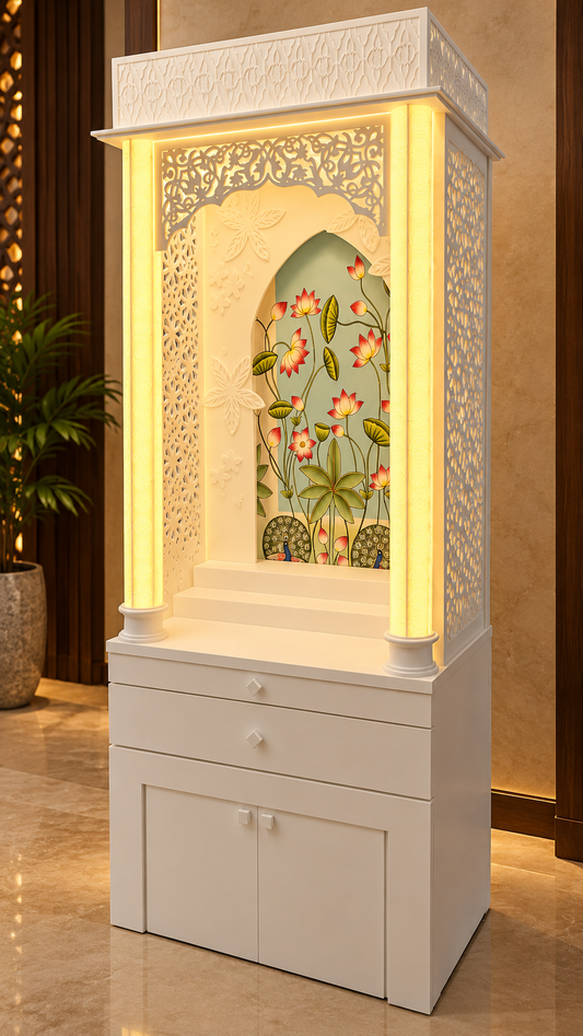 Right angled digital design visualisation of the Pichwai Corian mandir showing illuminated columns, decorated side and integrated storage base.