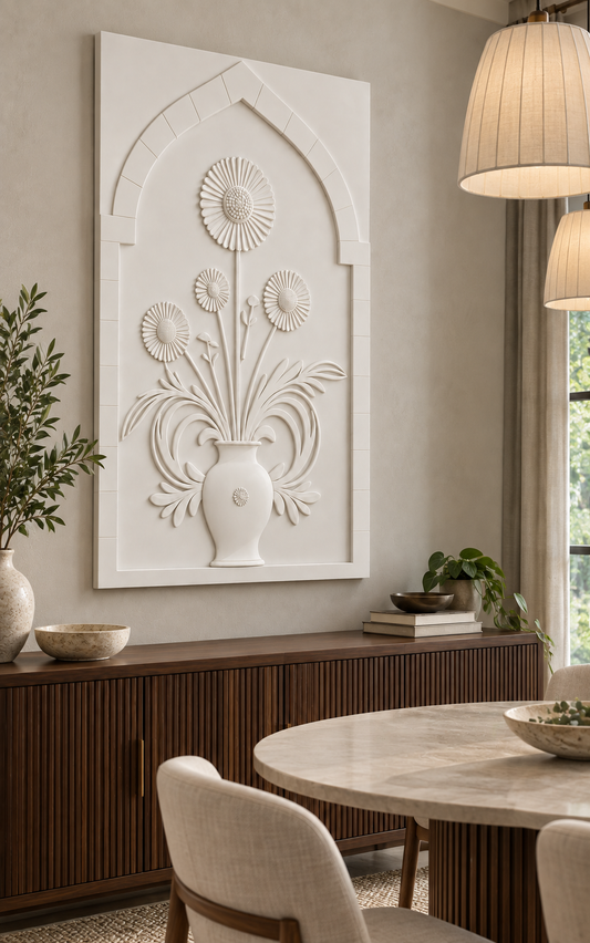 Pleated Bloom Curved Fronds Corian wall panel, left view in a Mumbai dining nook with a dark walnut sideboard, oval table and linen pendants; AI-assisted concept visualisation