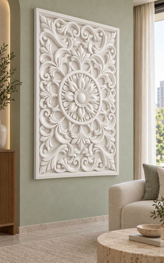 Pointed Bloom Sunray Ring Corian wall panel, left view on a living room feature wall in a Mumbai home; AI-assisted concept visualisation
