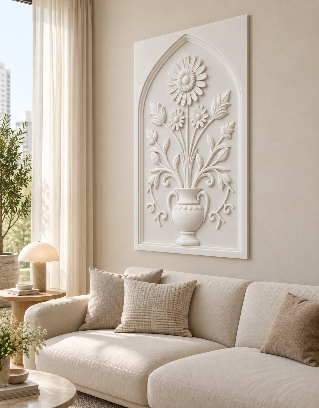 Pointed Bud Beaded Urn Corian wall panel, right view in a Mumbai living room with a low ivory sofa, pale oak side table and soft window light; AI-assisted concept visualisation