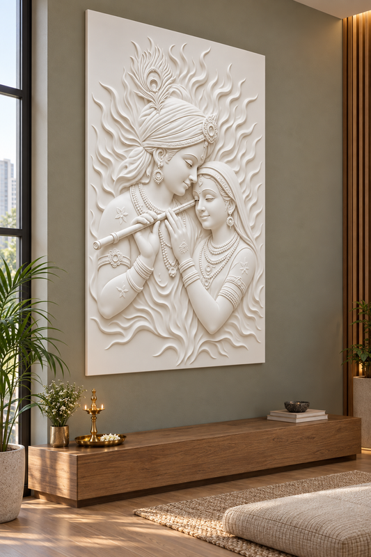 Radha Krishna Flame Embrace satin white Corian wall panel left view in luxury Matunga Mumbai meditation room with olive grey wall and oak floor cushions bench