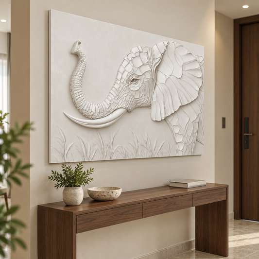 CWP-641 Raised Trunk Elephant Profile Corian Wall Panel, 4 ft wide x 2.5 ft high, left view in a Mumbai entrance foyer; AI-assisted concept visualisation
