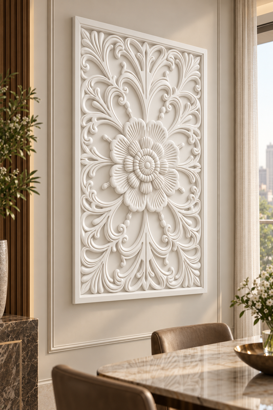 Ribbed Blossom Scroll Corian wall panel, left view on a dining room alcove in a Mumbai home; AI-assisted concept visualisation